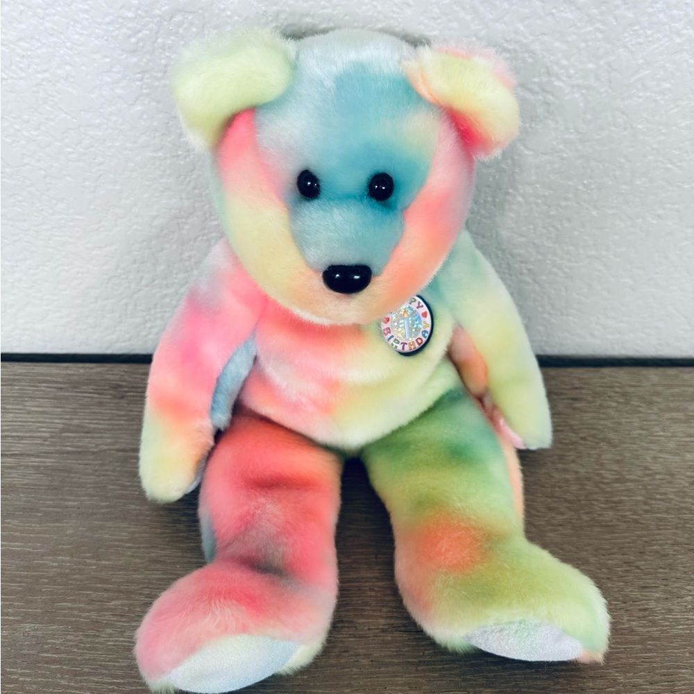 Y2K TY Beanie Baby Millennial Rainbow Tie Dye Happy Birthday Plush Bear